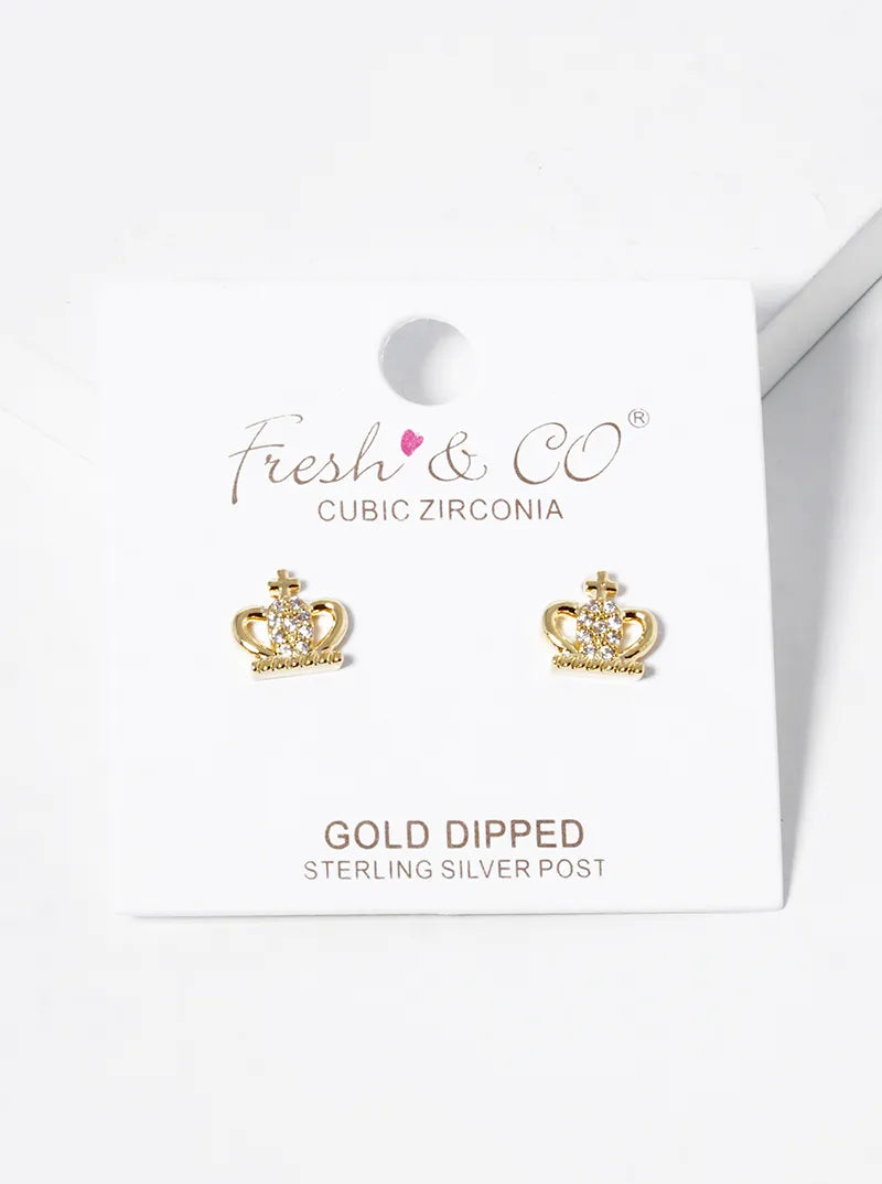 18K-Gold-Dipped CZ Pave Crown Stud Earrings