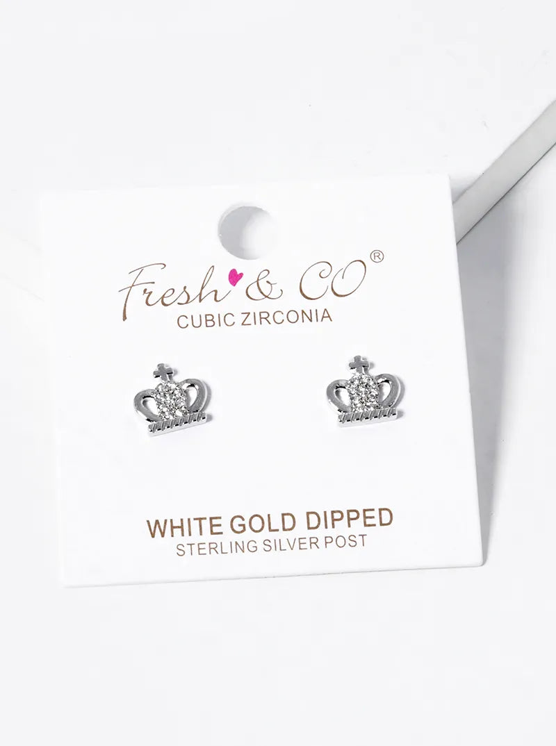 18K-Gold-Dipped CZ Pave Crown Stud Earrings