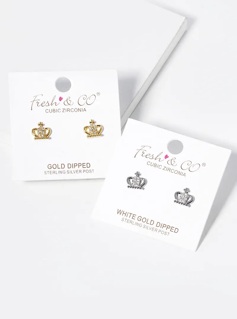 18K-Gold-Dipped CZ Pave Crown Stud Earrings