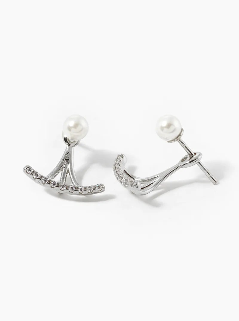18K Gold Dipped CZ Pave Curved Bar With Pearl Stud Earring Jackets