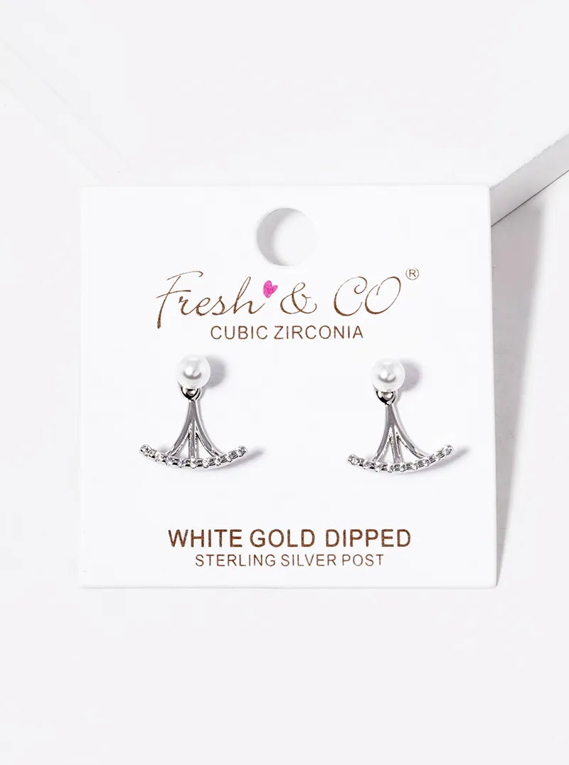 18K Gold Dipped CZ Pave Curved Bar With Pearl Stud Earring Jackets