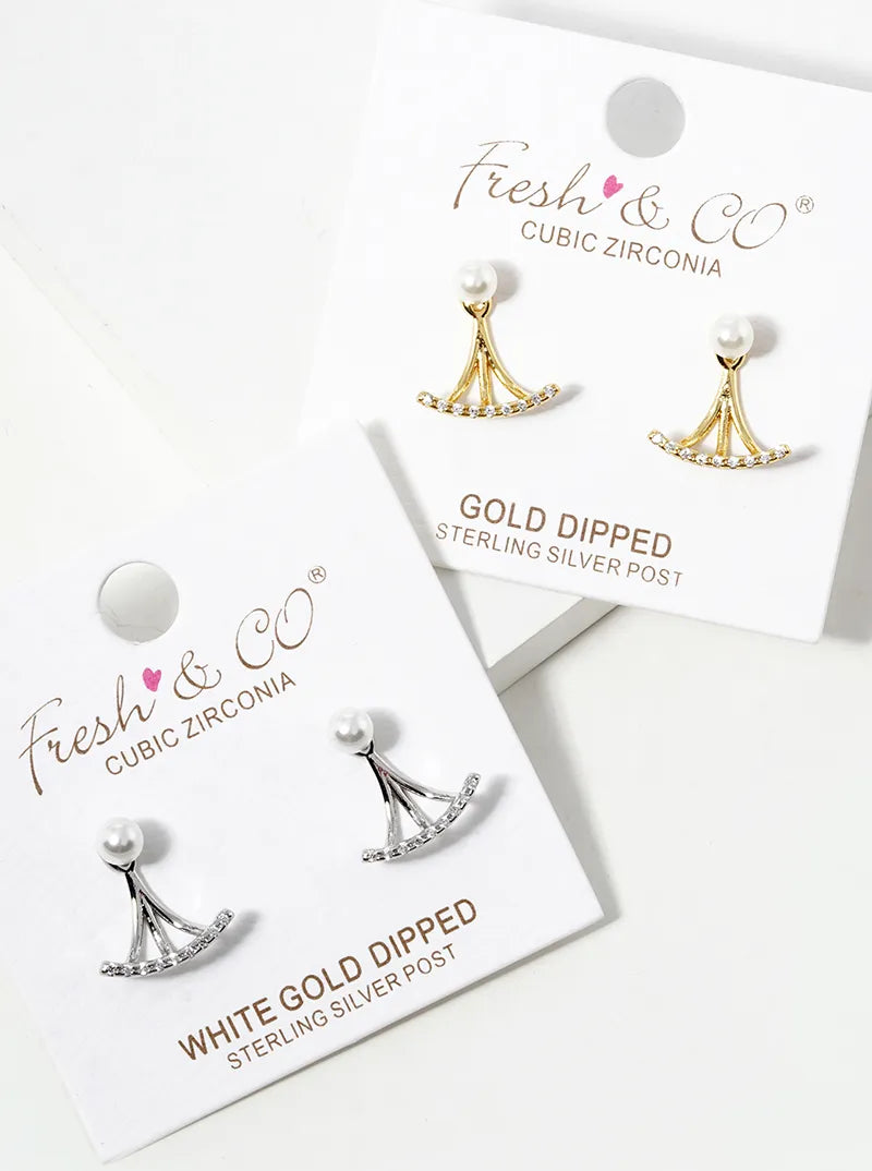 18K Gold Dipped CZ Pave Curved Bar With Pearl Stud Earring Jackets