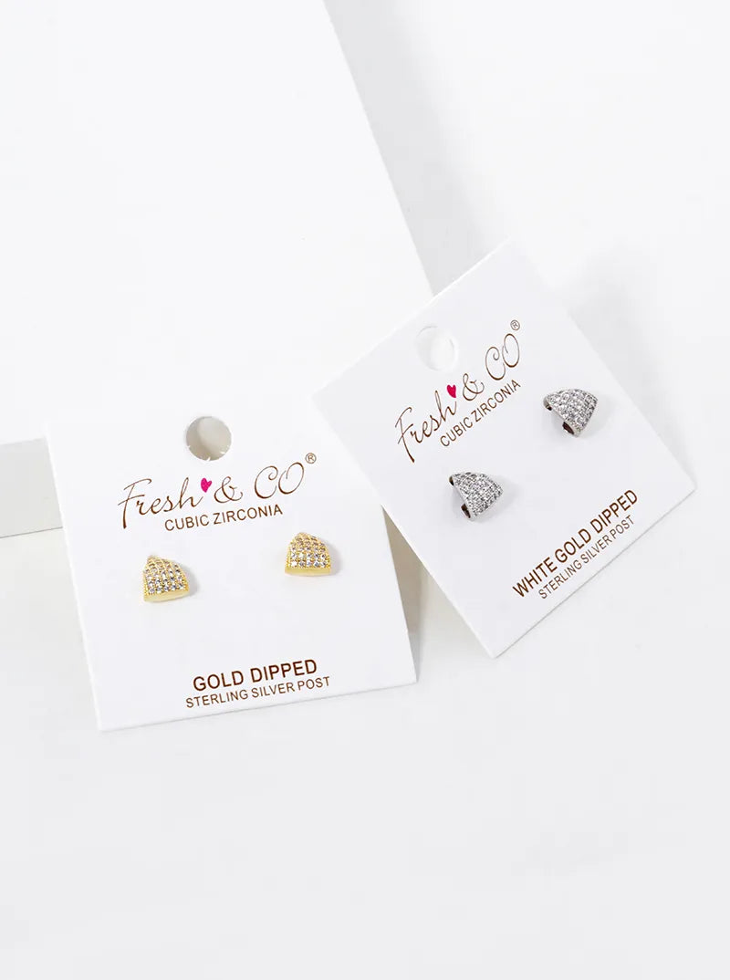 18K Gold Dipped CZ Pave Curved Triangle Stud Earrings