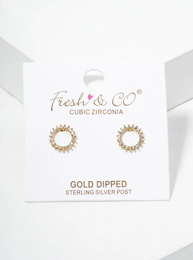 18K Gold Dipped CZ Pave Dainty Circle Post Stud Earrings