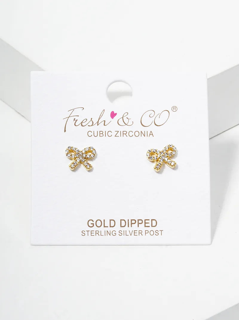 18K Gold Dipped CZ Pave Dainty Ribbon Bow Post Stud Earrings