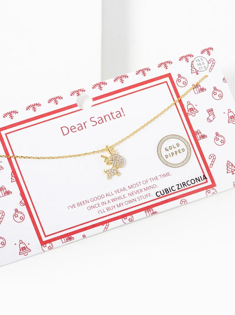 18K Gold Dipped CZ Pave Dainty Rudolph Pendant Christmas Necklace