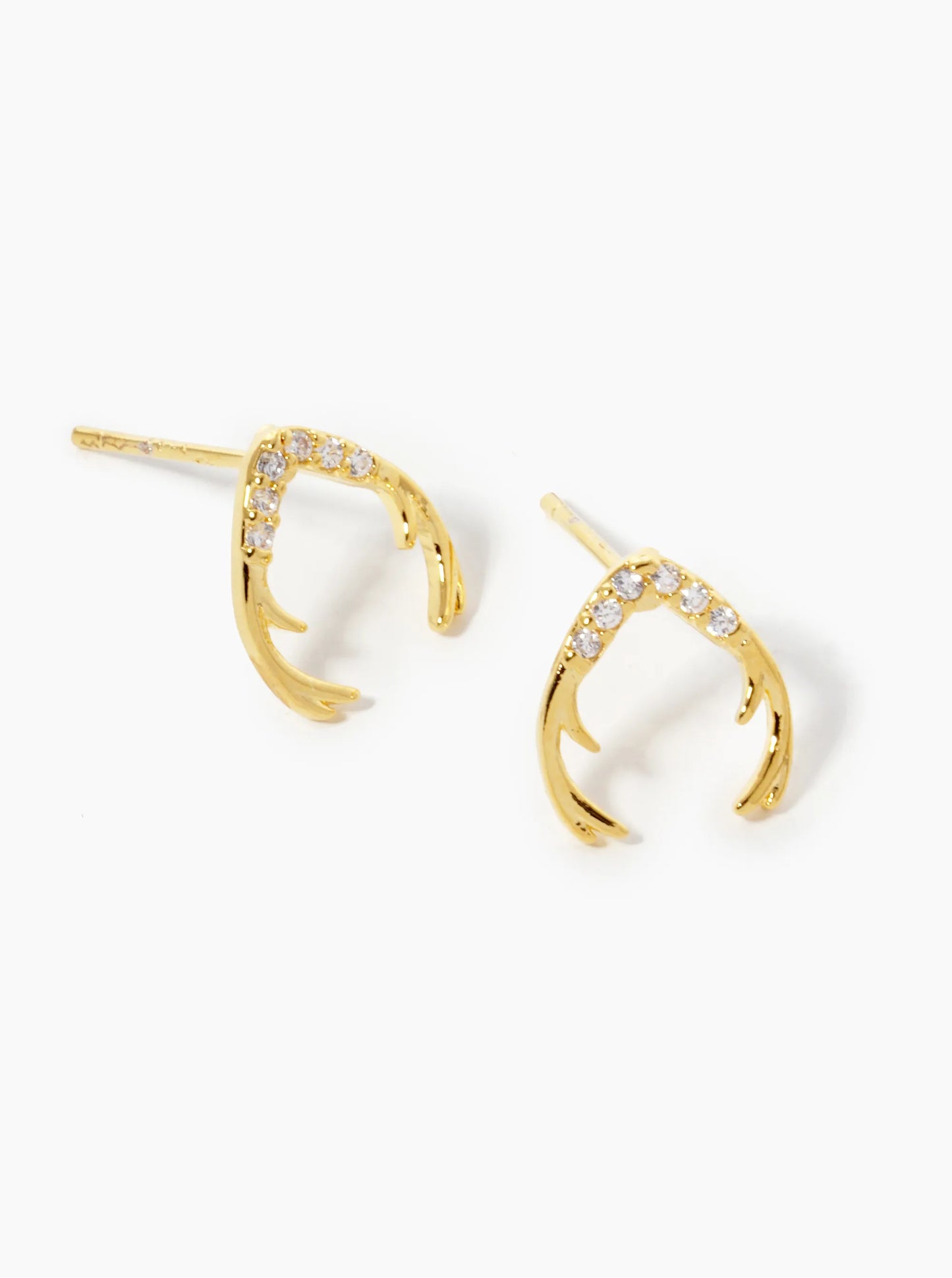 18K Gold Dipped CZ Pave Delicate Antler Horn Stud Earrings