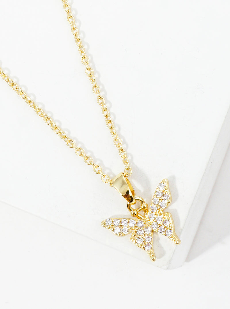 18K Gold Dipped CZ Pave Delicate Butterfly Pendant Necklace