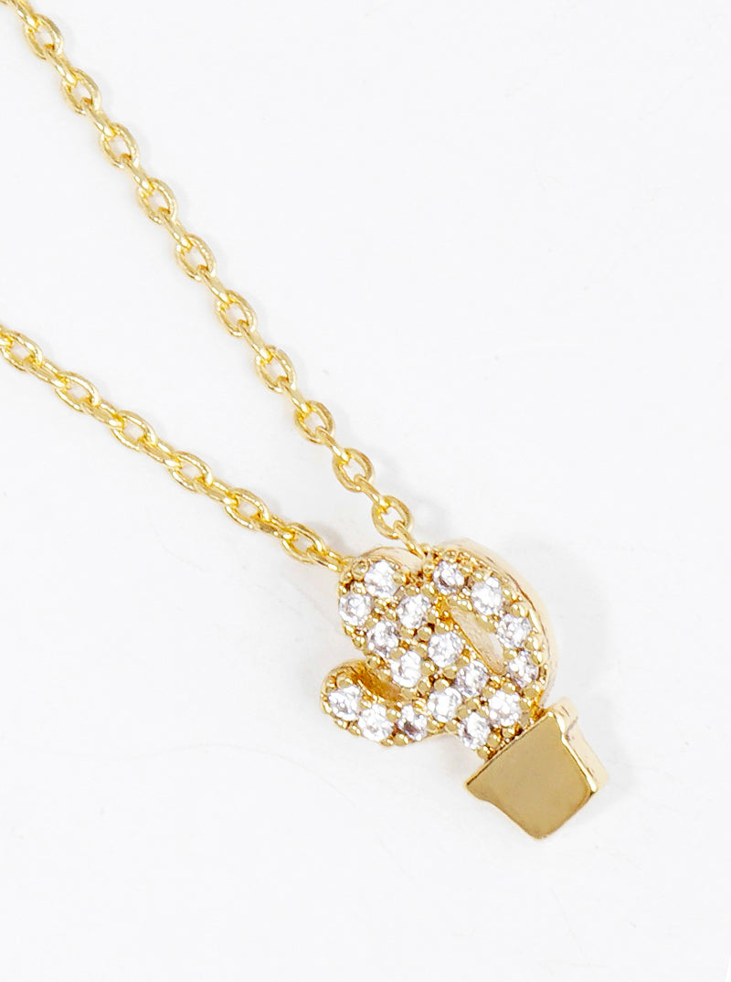 18K Gold Dipped CZ Pave Delicate Cactus Pendant Necklace
