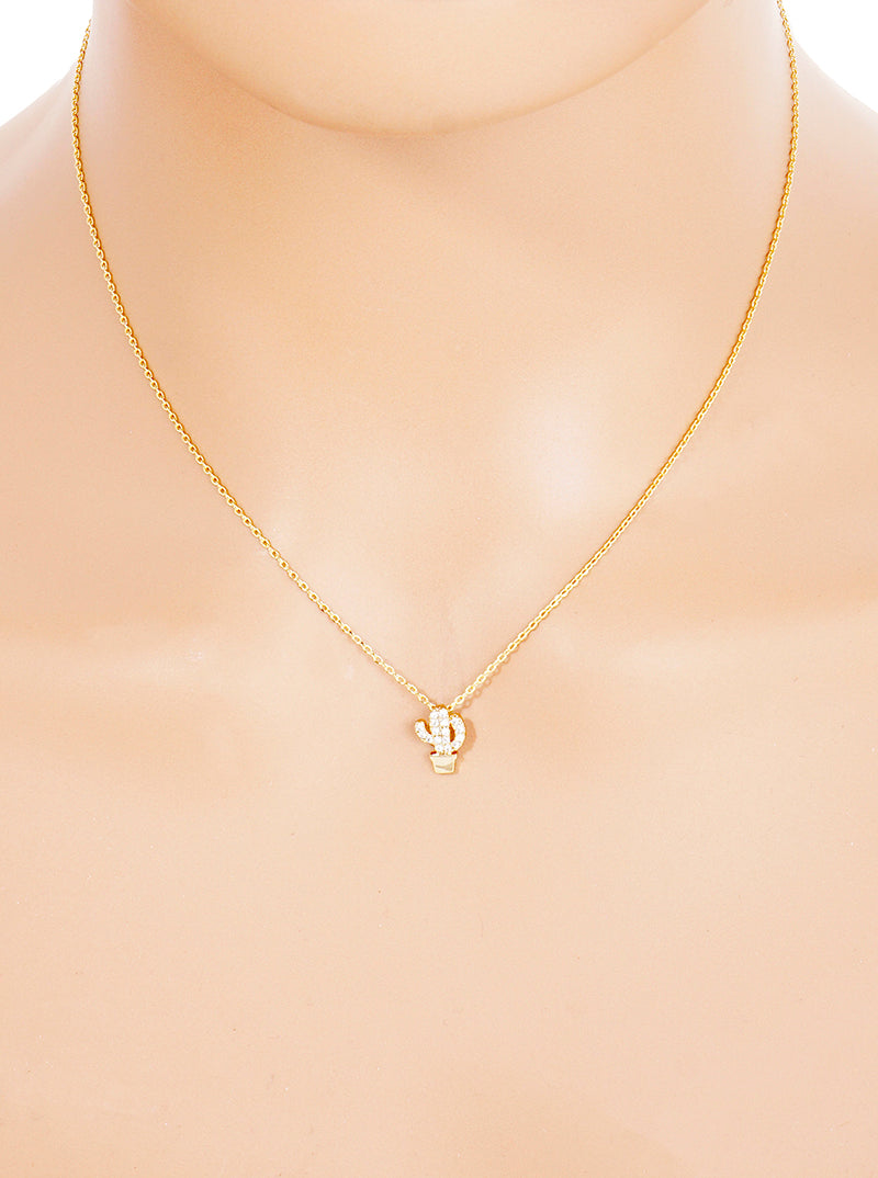 18K Gold Dipped CZ Pave Delicate Cactus Pendant Necklace