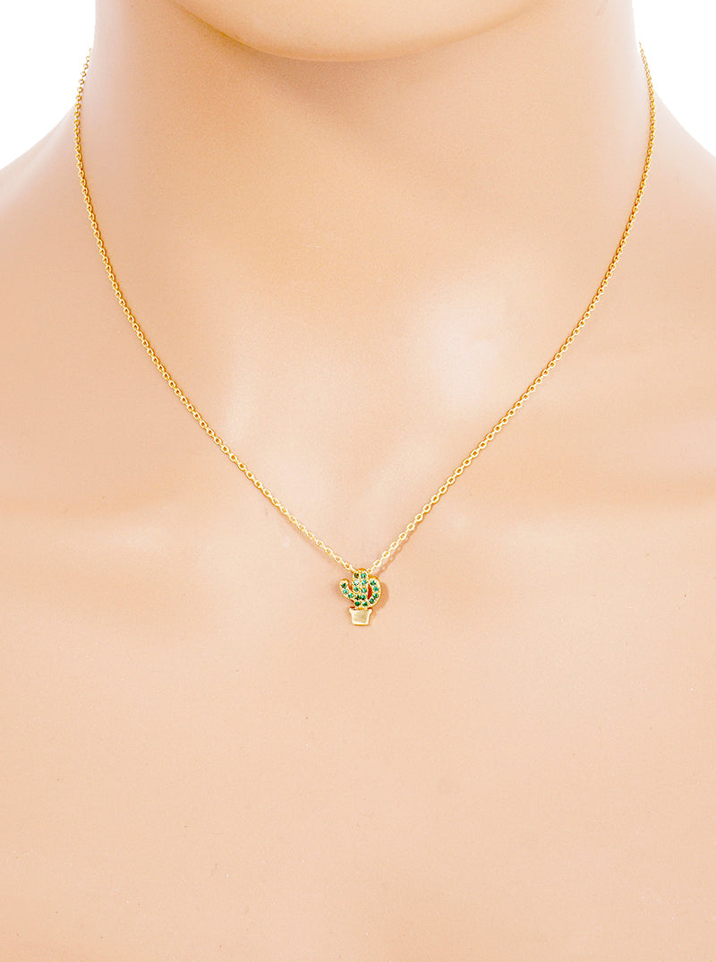 18K Gold Dipped CZ Pave Delicate Cactus Pendant Necklace