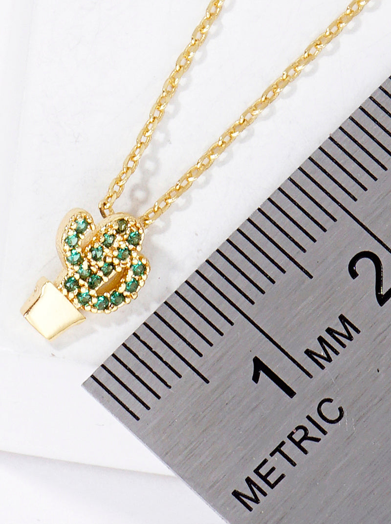 18K Gold Dipped CZ Pave Delicate Cactus Pendant Necklace