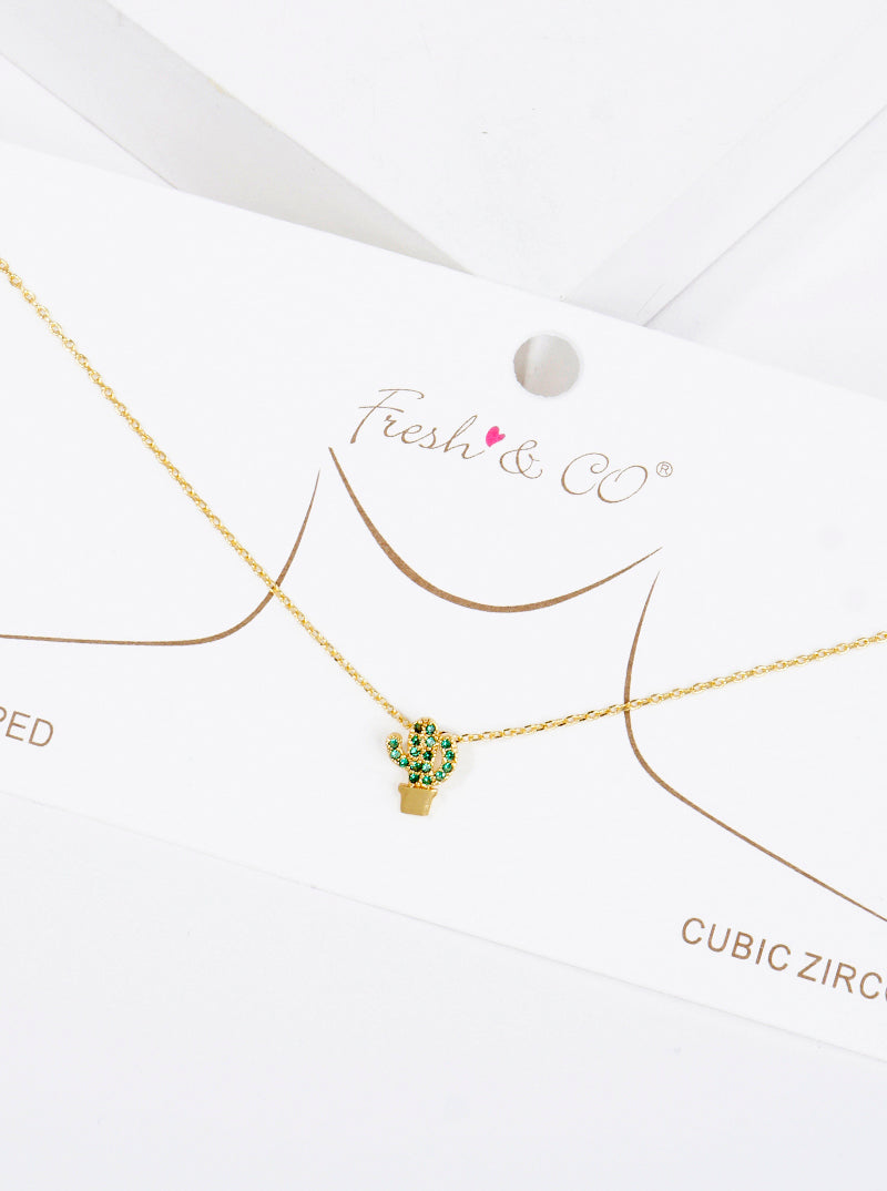 18K Gold Dipped CZ Pave Delicate Cactus Pendant Necklace