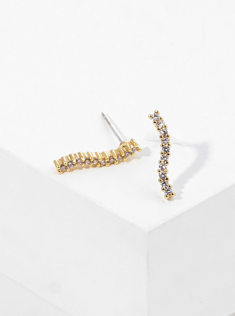 18K Gold Dipped CZ Pave Delicate Curved Bar Post Stud Earrings