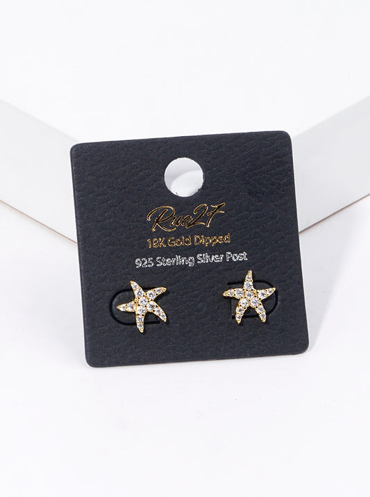 18K Gold Dipped CZ Pave Delicate Starfish Post Stud Earrings