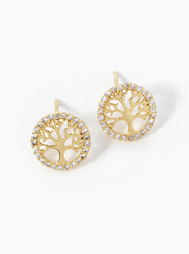18K Gold Dipped CZ Pave Delicate Tree Of Life Stud Earrings