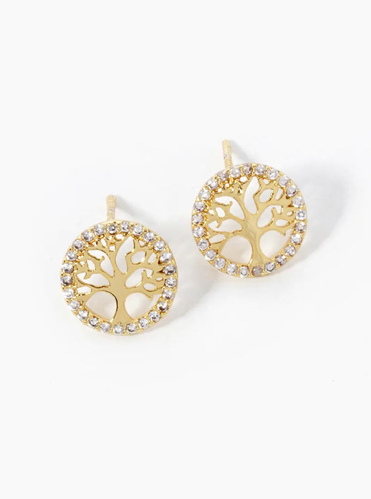 18K Gold Dipped CZ Pave Delicate Tree Of Life Stud Earrings