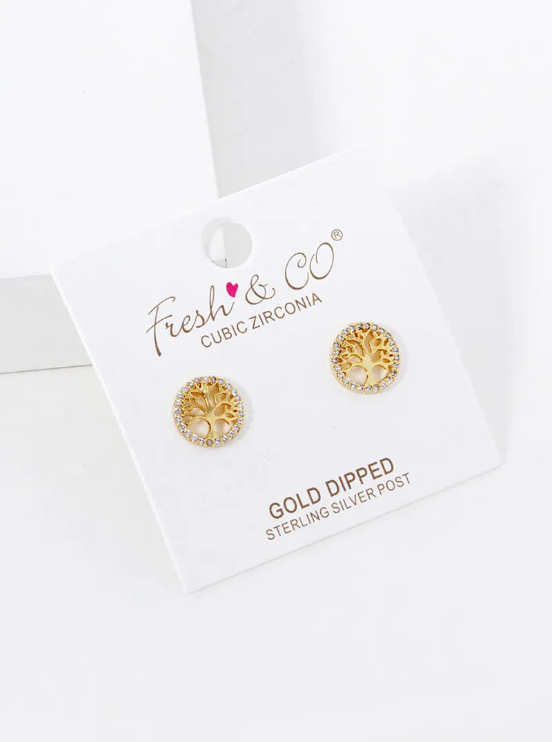 18K Gold Dipped CZ Pave Delicate Tree Of Life Stud Earrings
