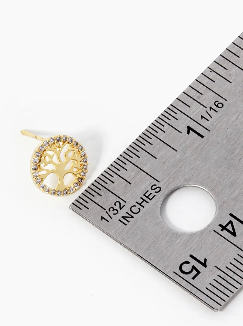 18K Gold Dipped CZ Pave Delicate Tree Of Life Stud Earrings