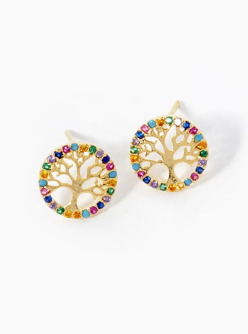 18K Gold Dipped CZ Pave Delicate Tree Of Life Stud Earrings