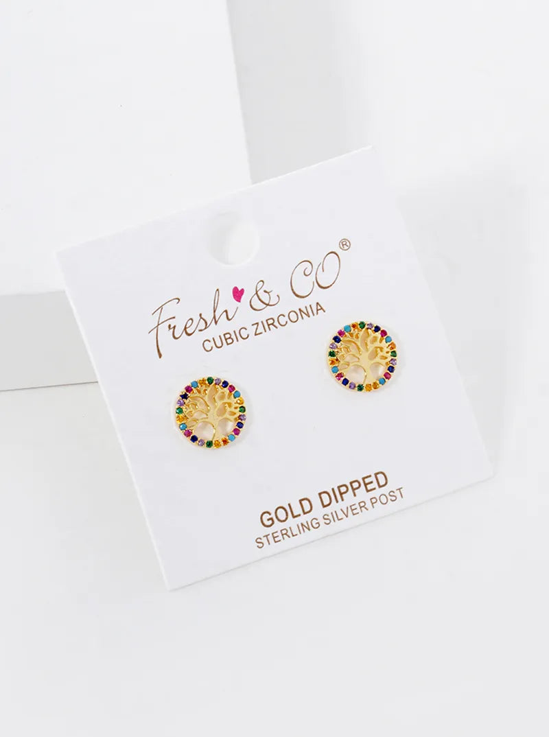 18K Gold Dipped CZ Pave Delicate Tree Of Life Stud Earrings