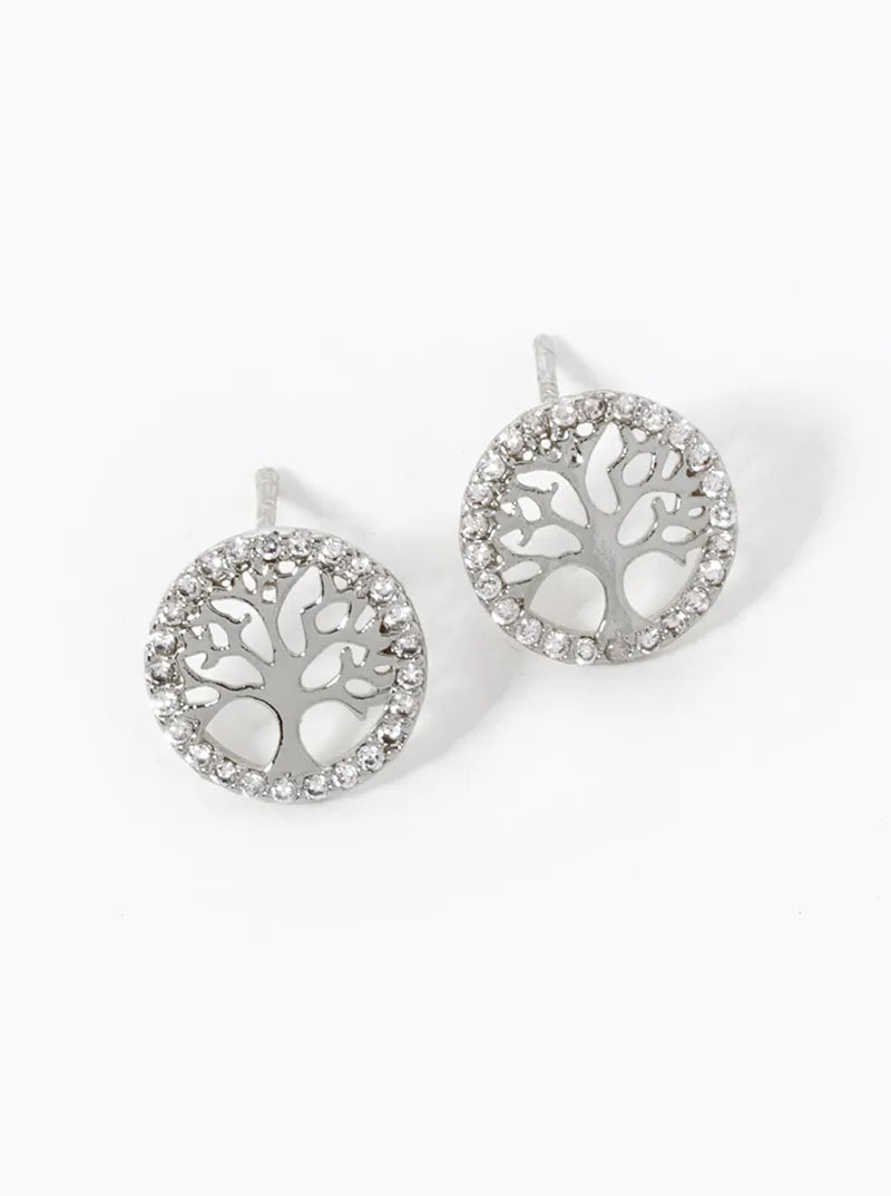 18K Gold Dipped CZ Pave Delicate Tree Of Life Stud Earrings