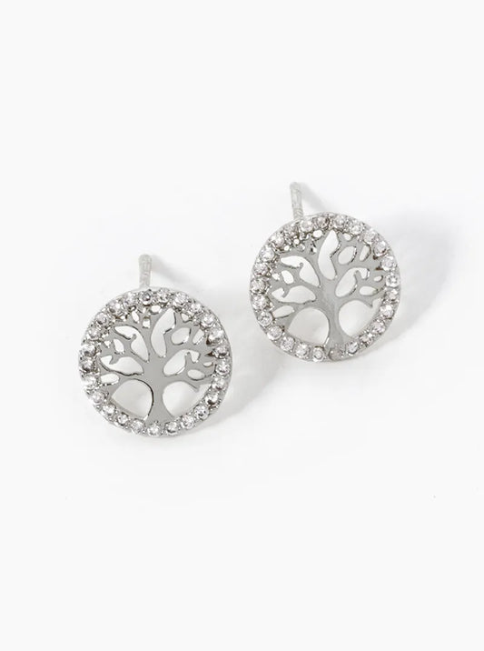 18K Gold Dipped CZ Pave Delicate Tree Of Life Stud Earrings