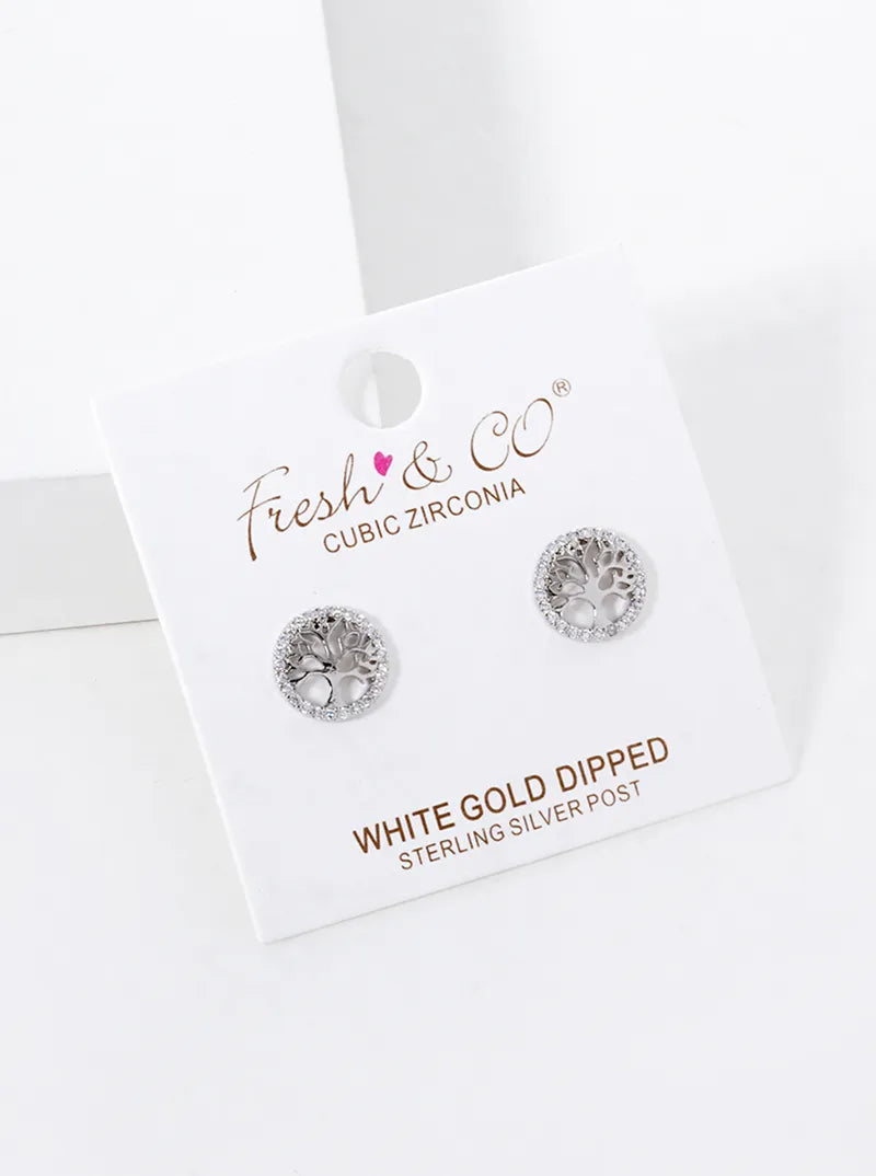 18K Gold Dipped CZ Pave Delicate Tree Of Life Stud Earrings