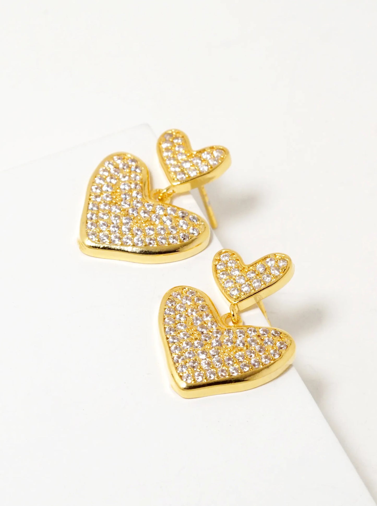 18K Gold Dipped CZ Pave Double Heart Drop Dangle Earrings