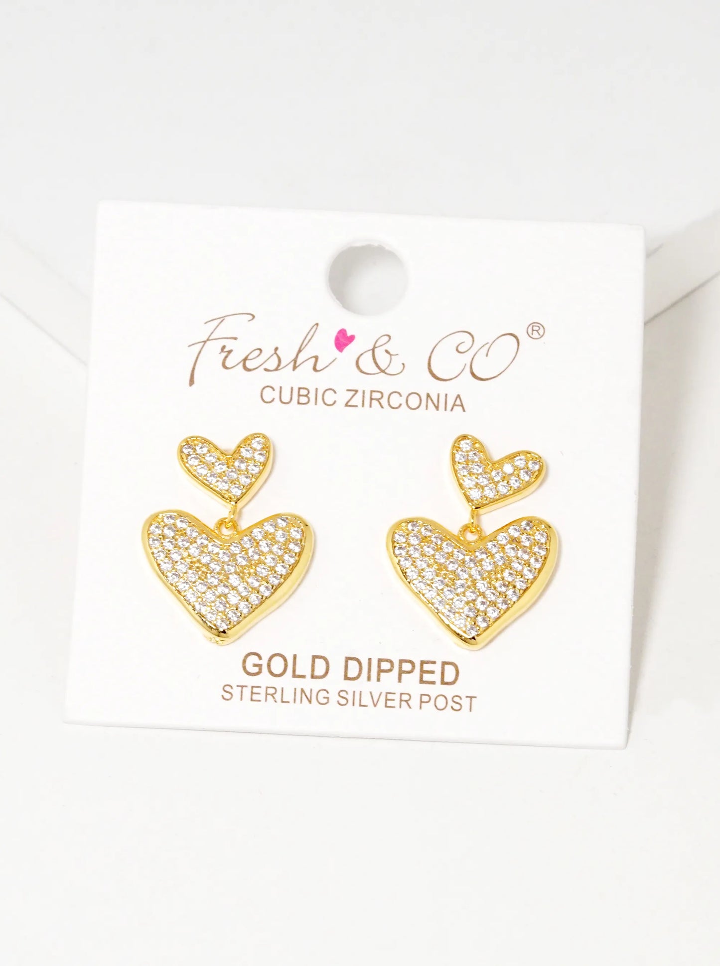 18K Gold Dipped CZ Pave Double Heart Drop Dangle Earrings