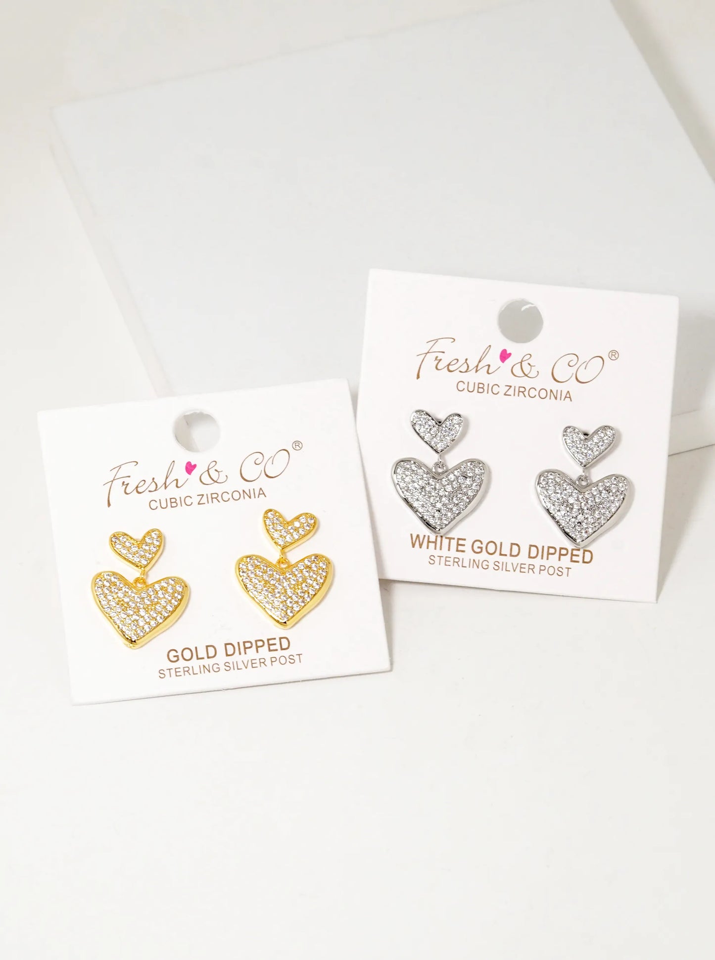 18K Gold Dipped CZ Pave Double Heart Drop Dangle Earrings