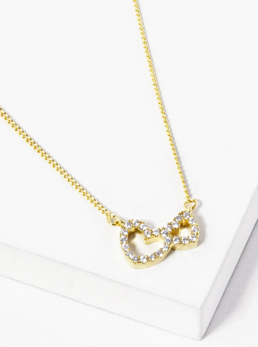 18K Gold Dipped CZ Pave Double Heart Pendant Necklace