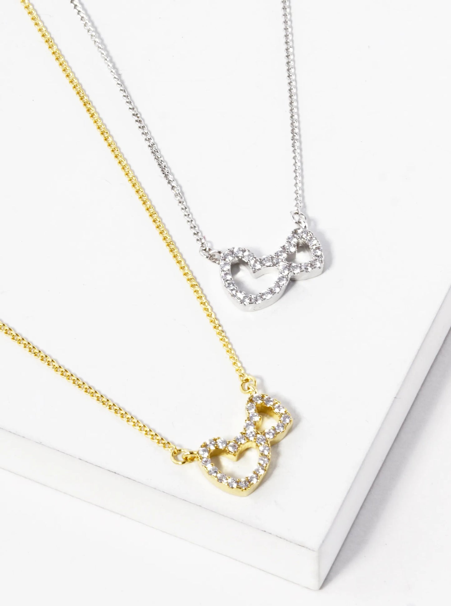 18K Gold Dipped CZ Pave Double Heart Pendant Necklace