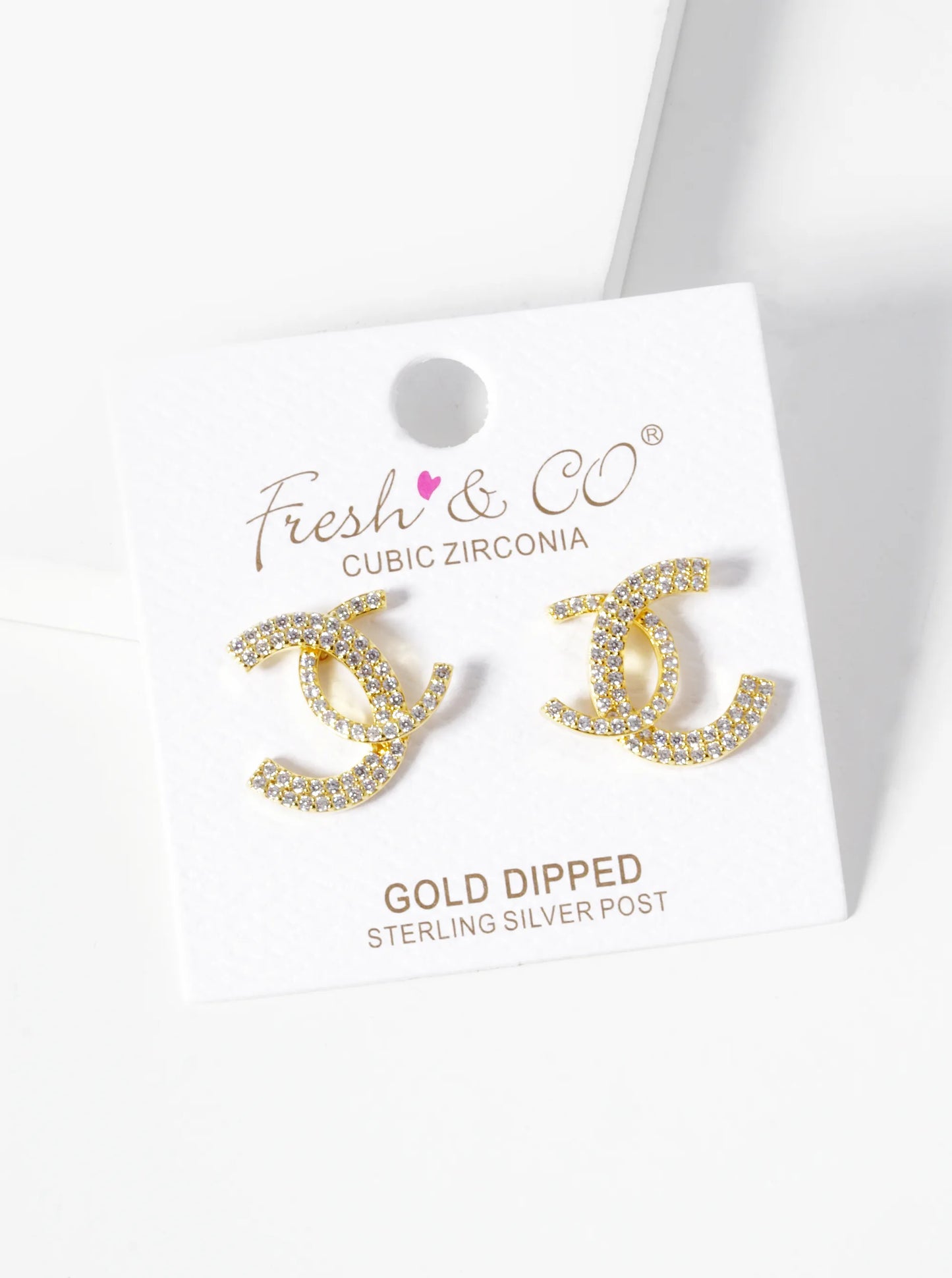 18K-Gold-Dipped CZ Pave Double Interlocking C Stud Earrings