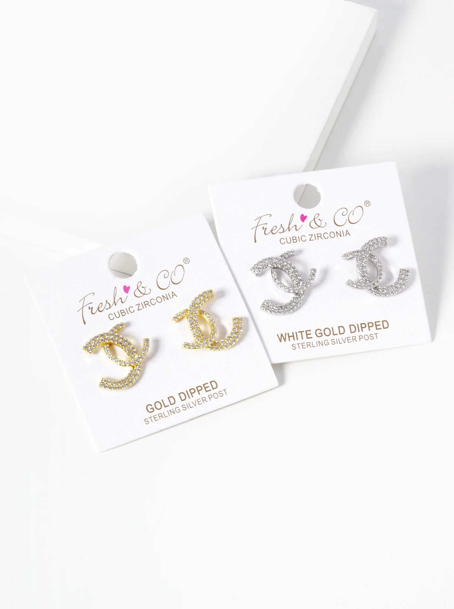 18K-Gold-Dipped CZ Pave Double Interlocking C Stud Earrings