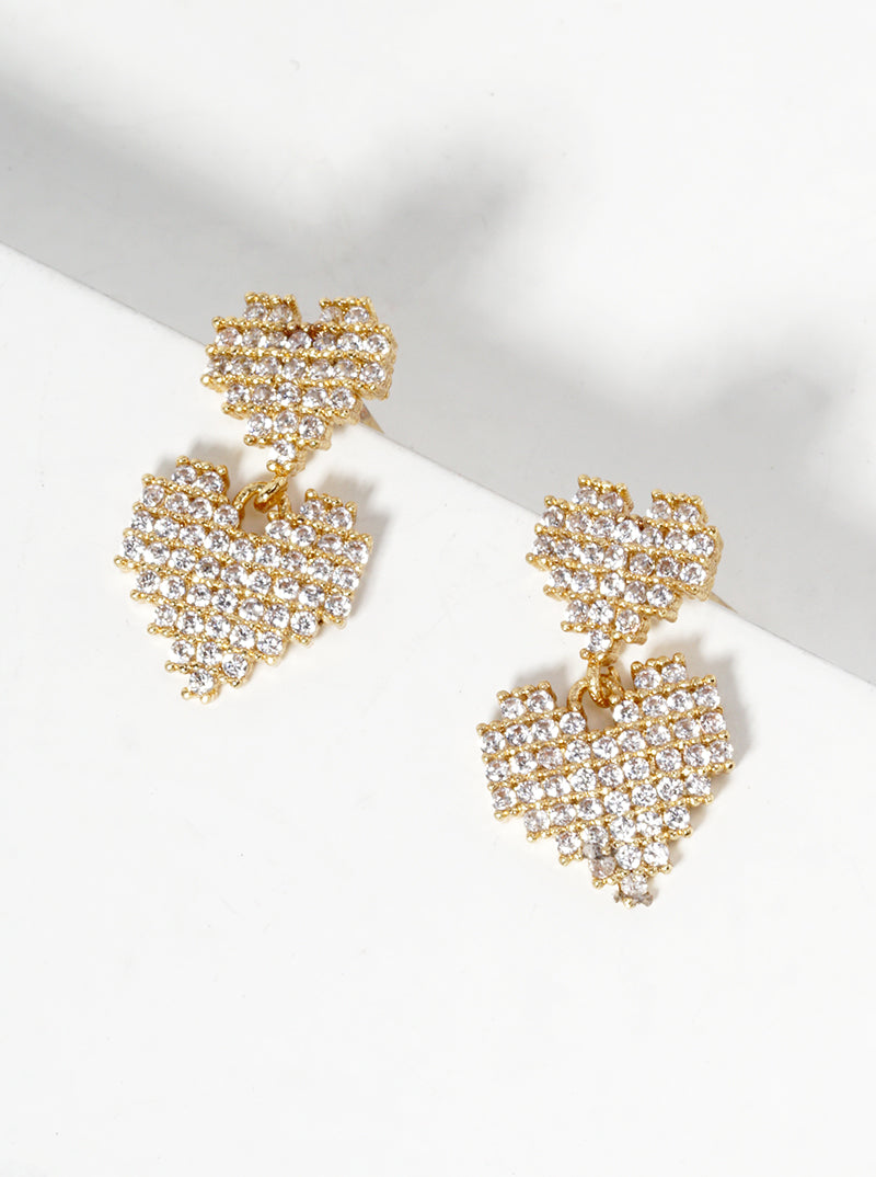 18K Gold Dipped CZ Pave Double Pixel Heart Dangle Post Earrings