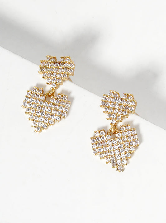 18K Gold Dipped CZ Pave Double Pixel Heart Dangle Post Earrings