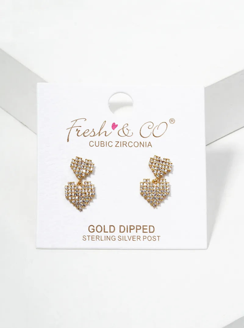 18K Gold Dipped CZ Pave Double Pixel Heart Dangle Post Earrings