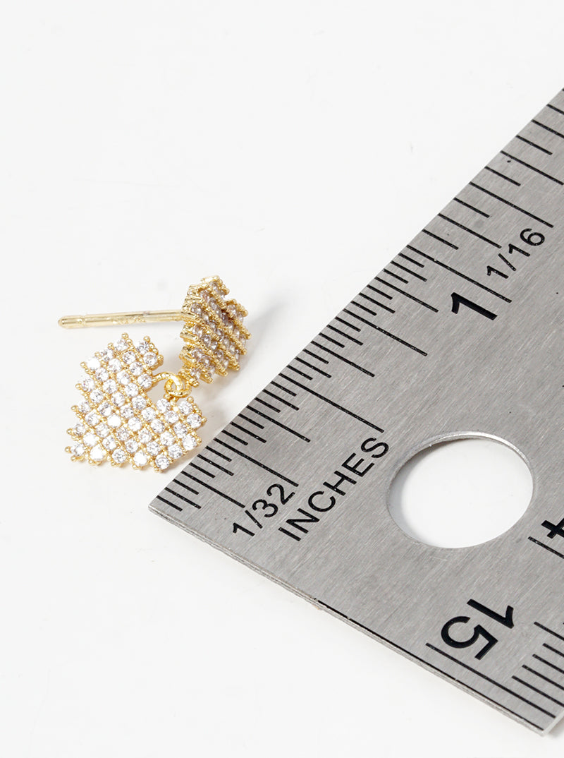 18K Gold Dipped CZ Pave Double Pixel Heart Dangle Post Earrings