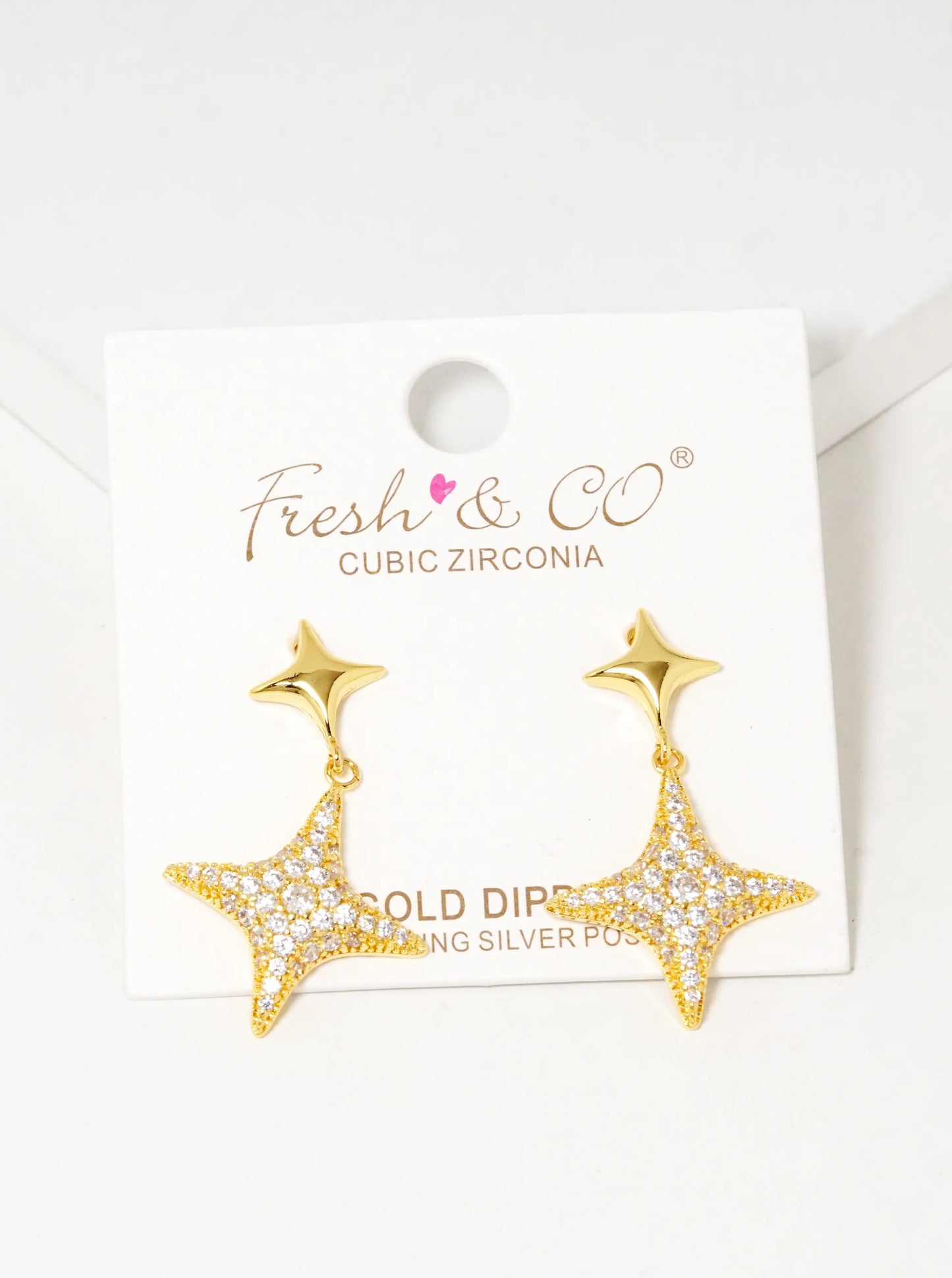 18K Gold Dipped CZ Pave Double Puffy Sparkle Stars Drop Earrings
