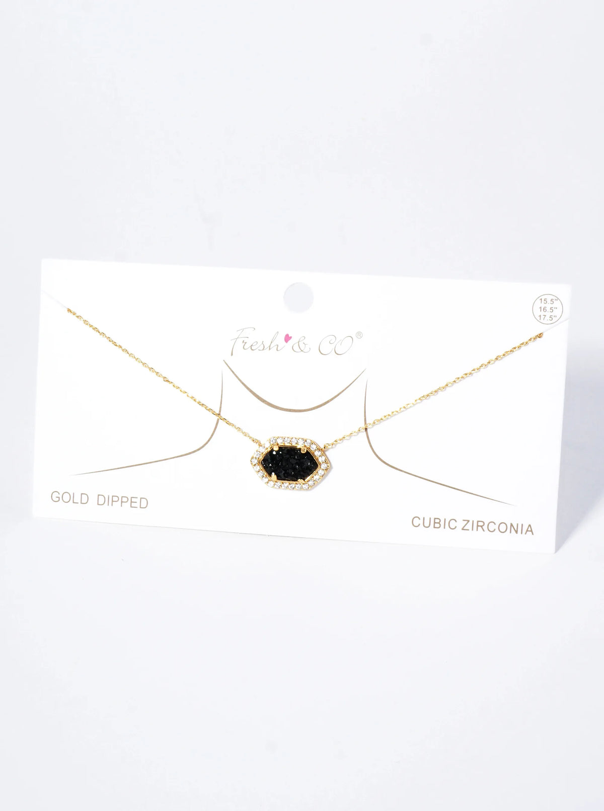 18K Gold Dipped CZ Pave Elongated Druzy Hexagon Pendant Necklace