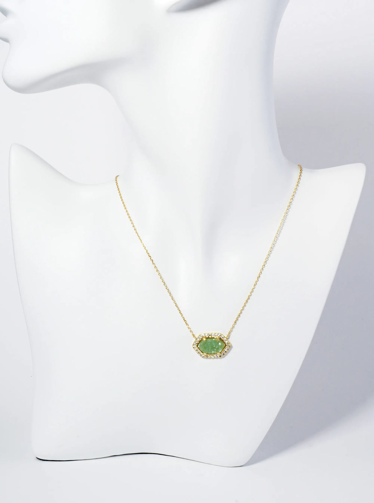 18K Gold Dipped CZ Pave Elongated Druzy Hexagon Pendant Necklace