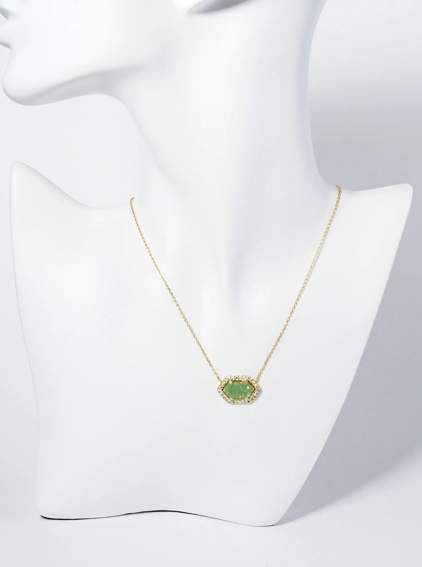 18K Gold Dipped CZ Pave Elongated Druzy Hexagon Pendant Necklace