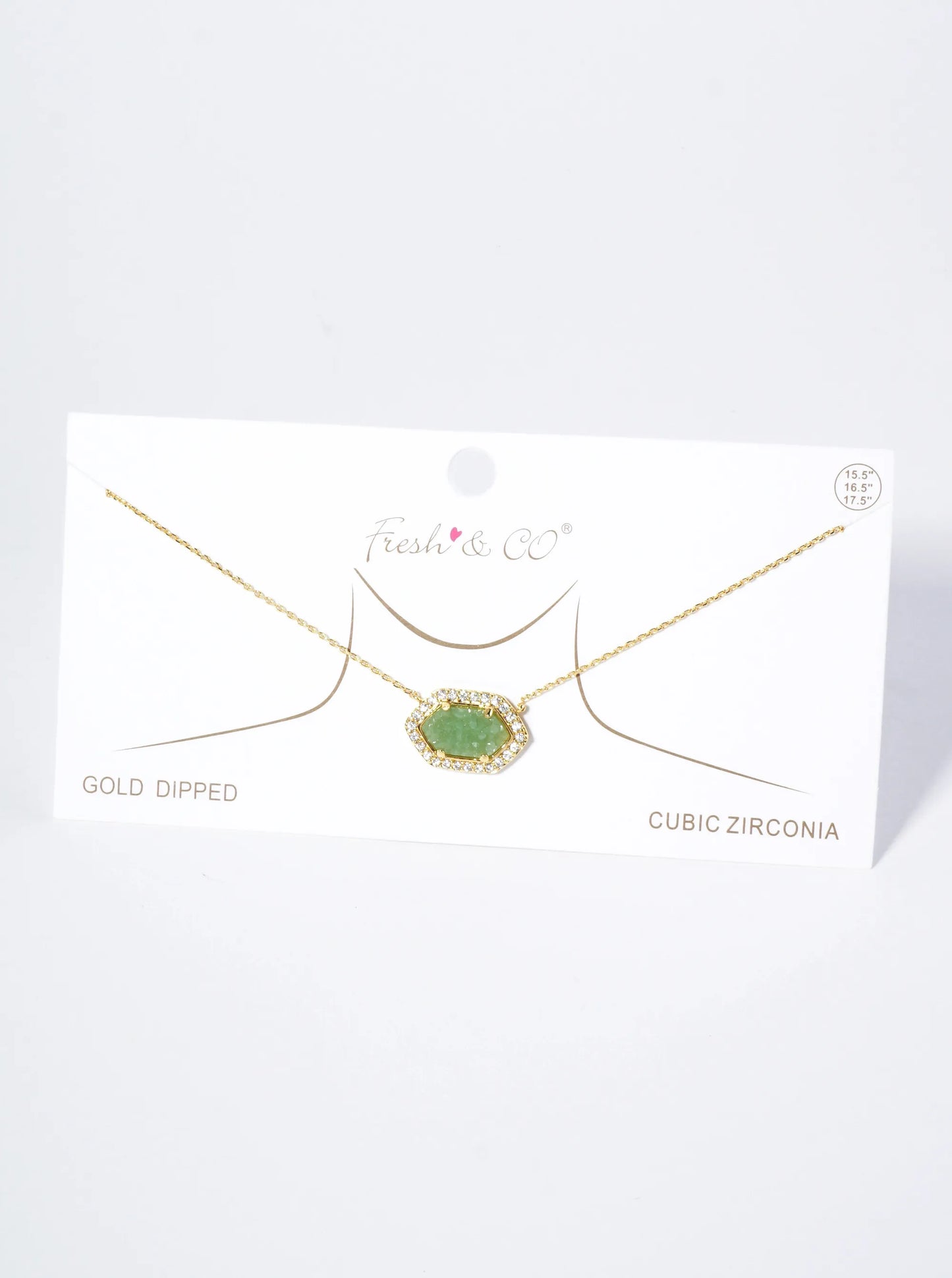 18K Gold Dipped CZ Pave Elongated Druzy Hexagon Pendant Necklace