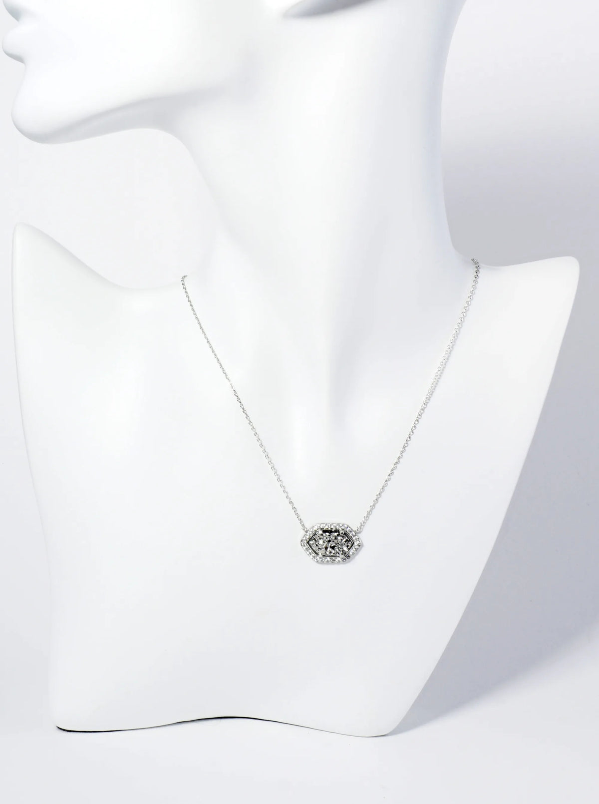 18K Gold Dipped CZ Pave Elongated Druzy Hexagon Pendant Necklace