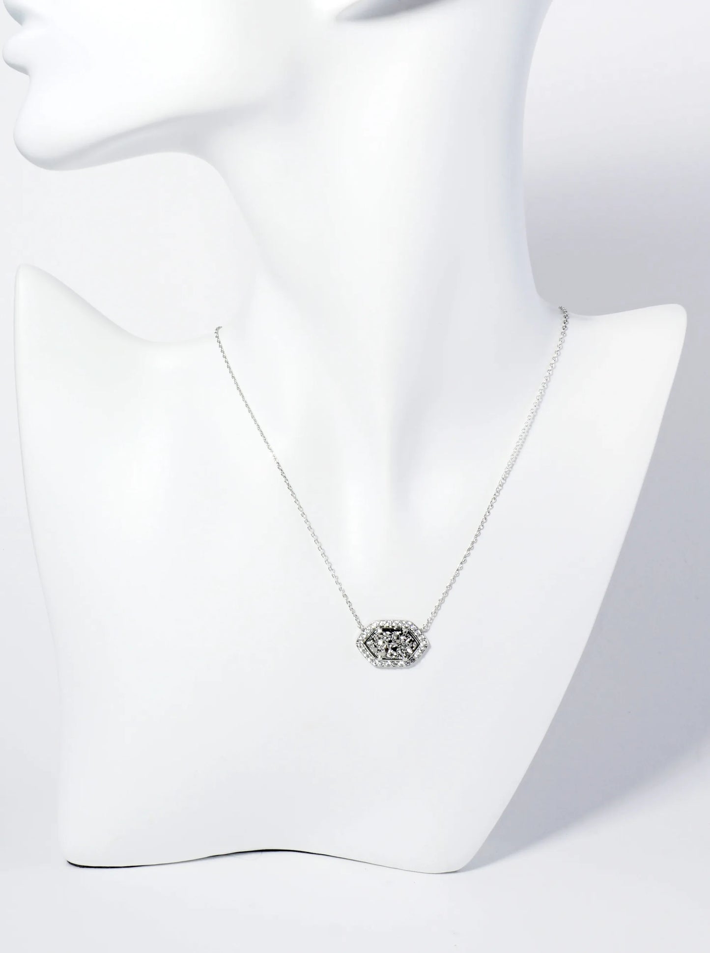 18K Gold Dipped CZ Pave Elongated Druzy Hexagon Pendant Necklace
