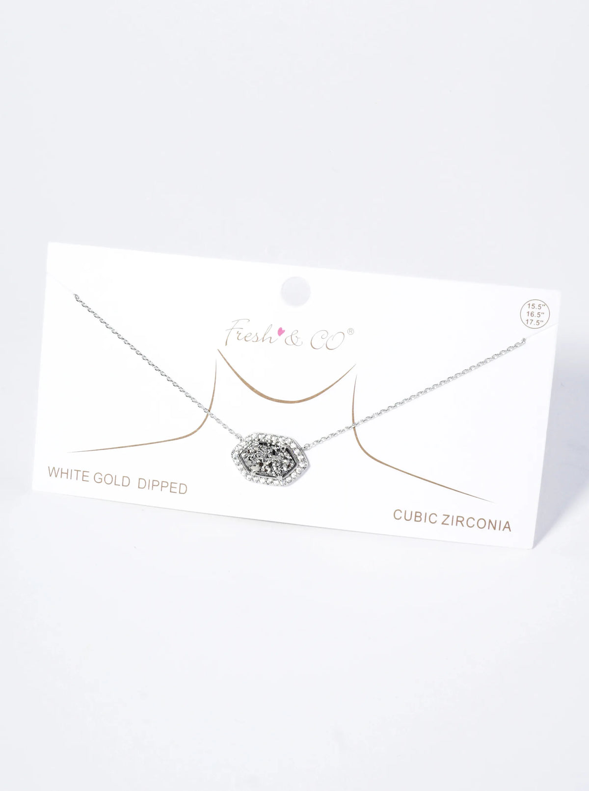 18K Gold Dipped CZ Pave Elongated Druzy Hexagon Pendant Necklace