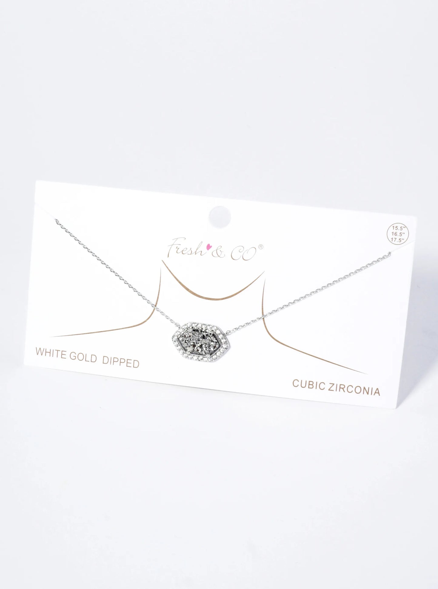 18K Gold Dipped CZ Pave Elongated Druzy Hexagon Pendant Necklace