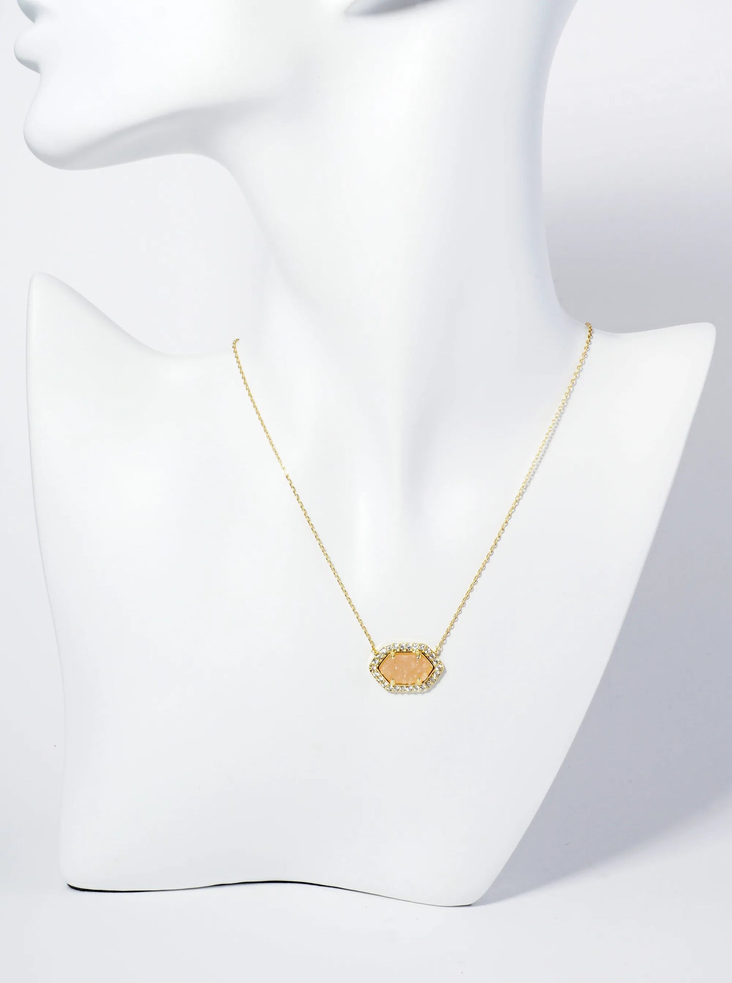 18K Gold Dipped CZ Pave Elongated Druzy Hexagon Pendant Necklace