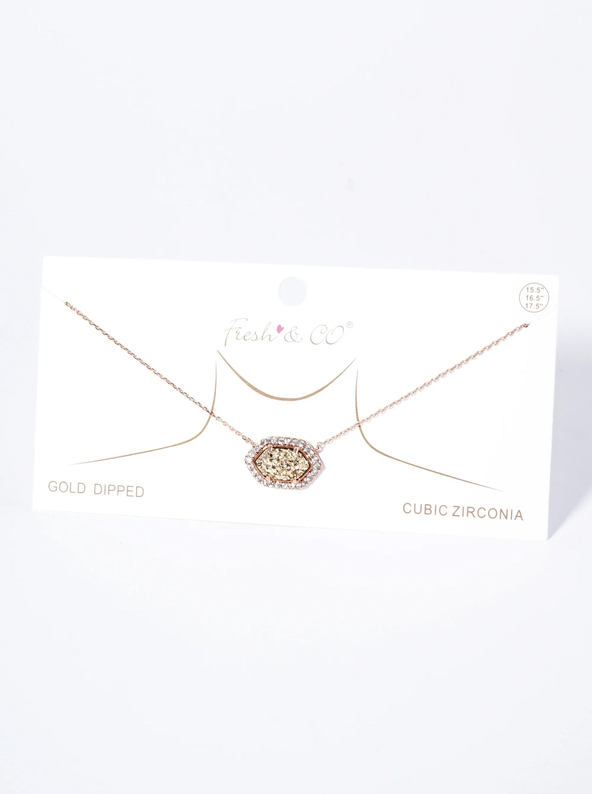 18K Gold Dipped CZ Pave Elongated Druzy Hexagon Pendant Necklace
